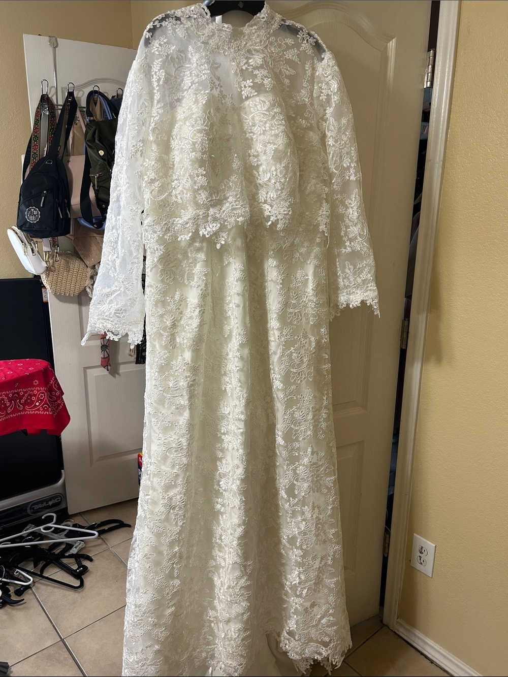 Lace Mermaid Wedding Dress with Illusion Long Sleeve Jacket and Sweep Train